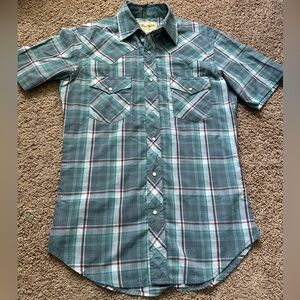 Wrangler Men's Teal and White Plaid Button Down Shirt